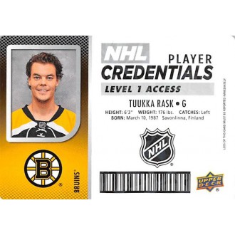Insertní karty - Rask Tuukka - 2017-18 MVP NHL Player Credentials Level 1 Access No.NHL-TR