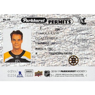 Insertní karty - Rask Tuukka - 2018-19 Parkhurst Parkhurst Permits No.PA20