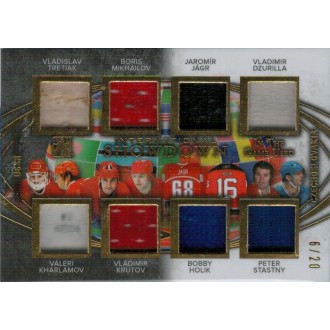Jersey karty - Tretiak Vladislav, Jágr Jaromír, Dzurilla Vladimír, Mikhailov Boris, Krutov Vladimir - 2016-17 Leaf ITG Game Used International Showdown Gold No.IS05