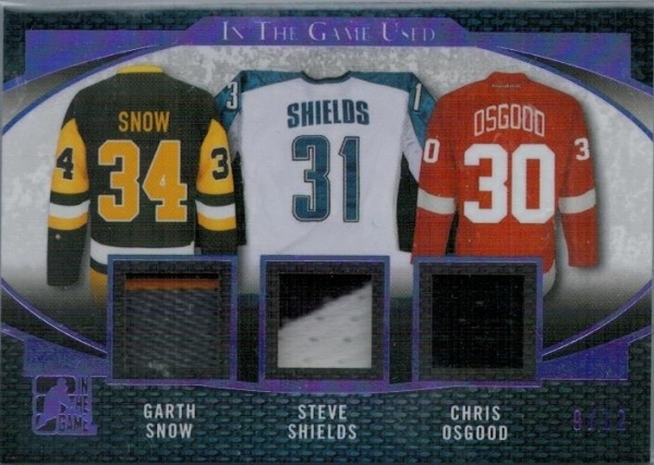 Jersey karty - Snow Garth, Shields Steve, Osgood Chris - 2017-18 Leaf ITG Used Triple Jerseys Purple Spectrum No.GU3-17
