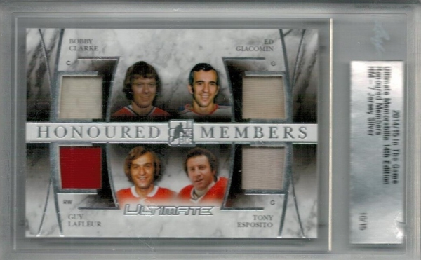 Jersey karty - Clarke Bobby, Giacomin Ed, Lafleur Guy, Esposito Tony - 2014-15 ITG Ultimate Memorabilia Honoured Members Jerseys No.HM7